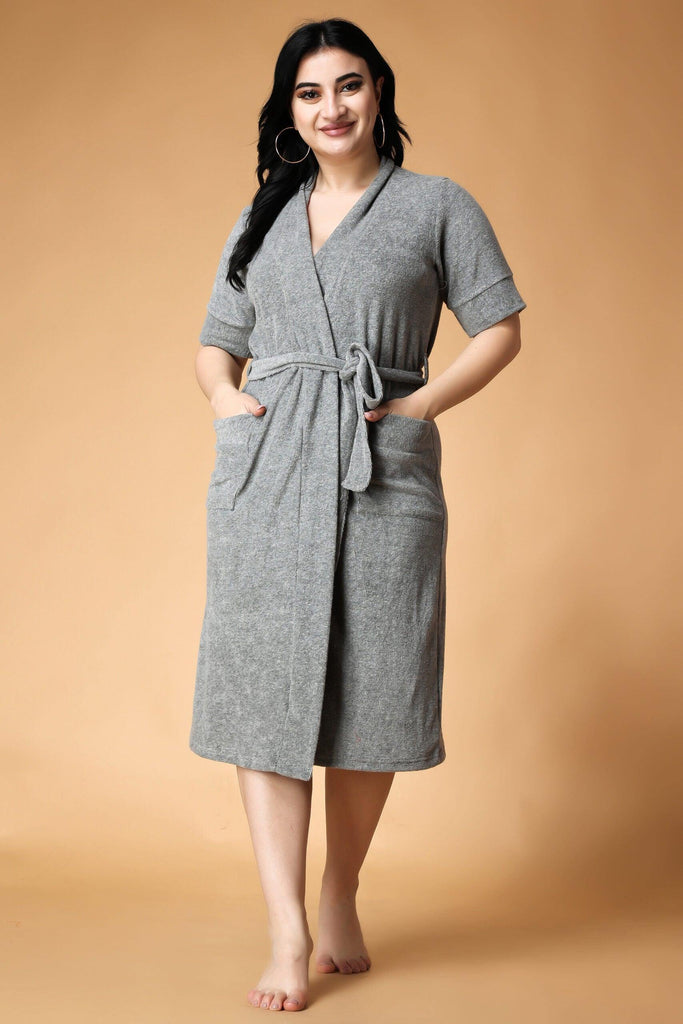 Model wearing French Terry Bathrobe with Pattern type: Solid-1
