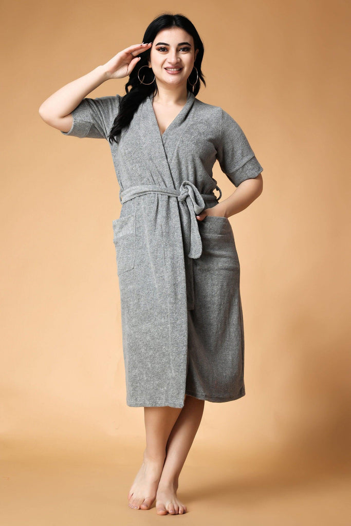 Model wearing French Terry Bathrobe with Pattern type: Solid-3