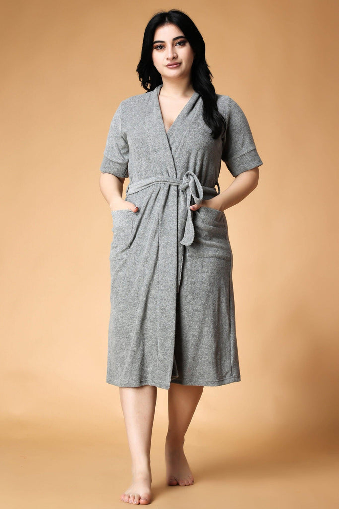 Model wearing French Terry Bathrobe with Pattern type: Solid-6