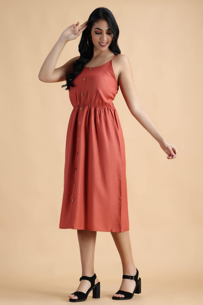Model wearing Rayon Midi Dress with Pattern type: Solid-1