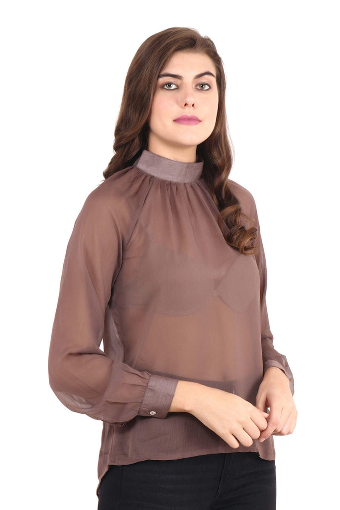 Model wearing Polyster Chiffon Top with Pattern type: Solid-1