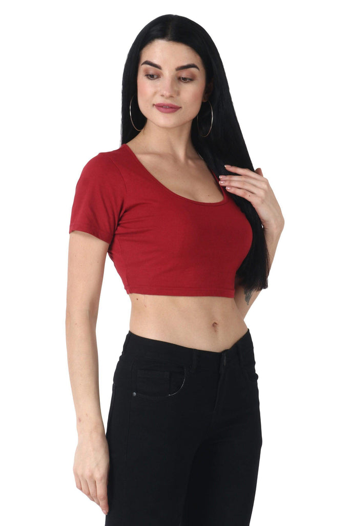 Model wearing Cotton Crop Top with Pattern type: Solid-17