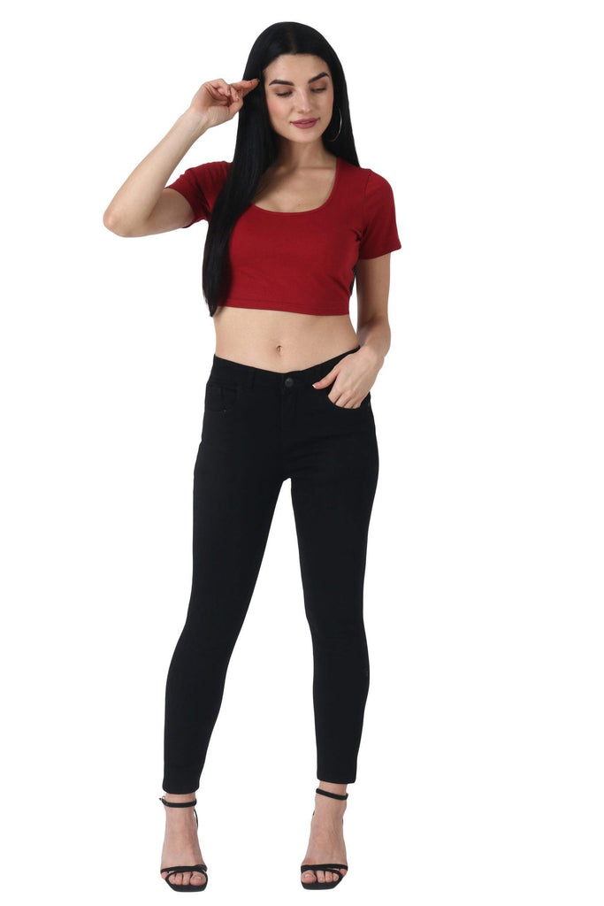 Model wearing Cotton Crop Top with Pattern type: Solid-19