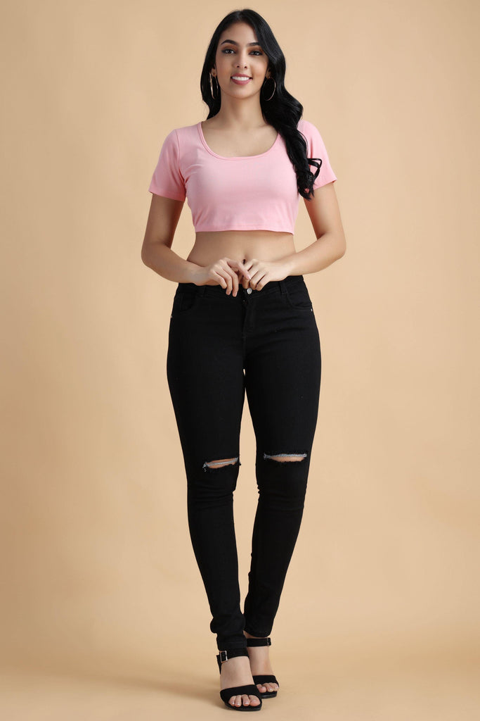 Model wearing Cotton Crop Top with Pattern type: Solid-28