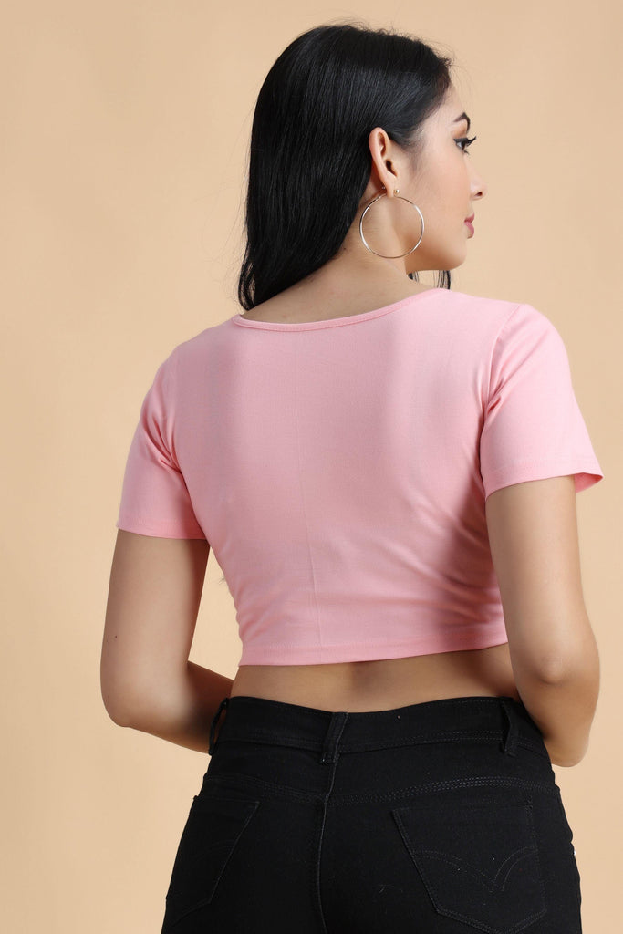 Model wearing Cotton Crop Top with Pattern type: Solid-29