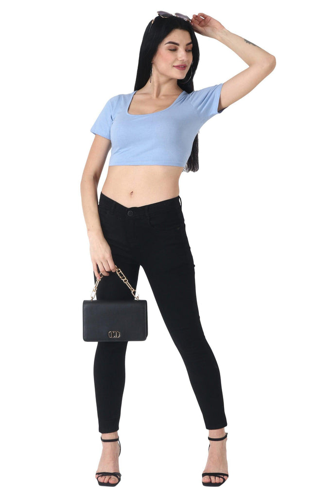 Model wearing Cotton Crop Top with Pattern type: Solid-2