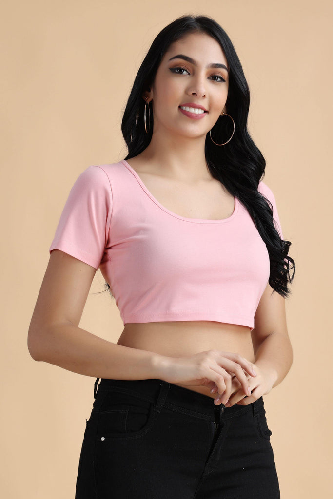 Model wearing Cotton Crop Top with Pattern type: Solid-31