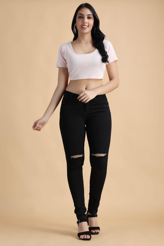 Model wearing Cotton Crop Top with Pattern type: Solid-35