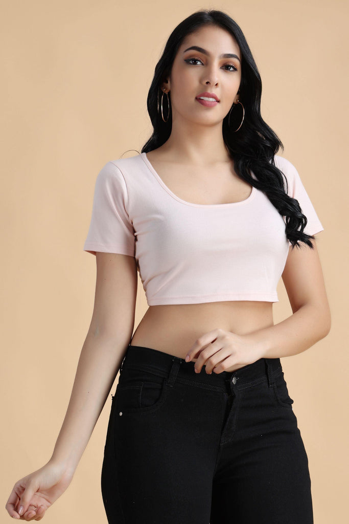Model wearing Cotton Crop Top with Pattern type: Solid-36