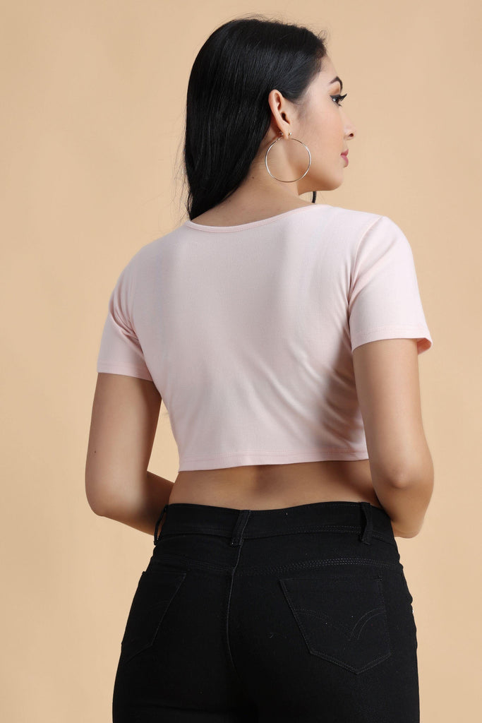 Model wearing Cotton Crop Top with Pattern type: Solid-37