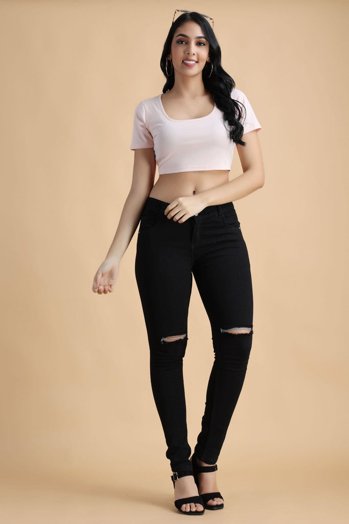 Model wearing Cotton Crop Top with Pattern type: Solid-41