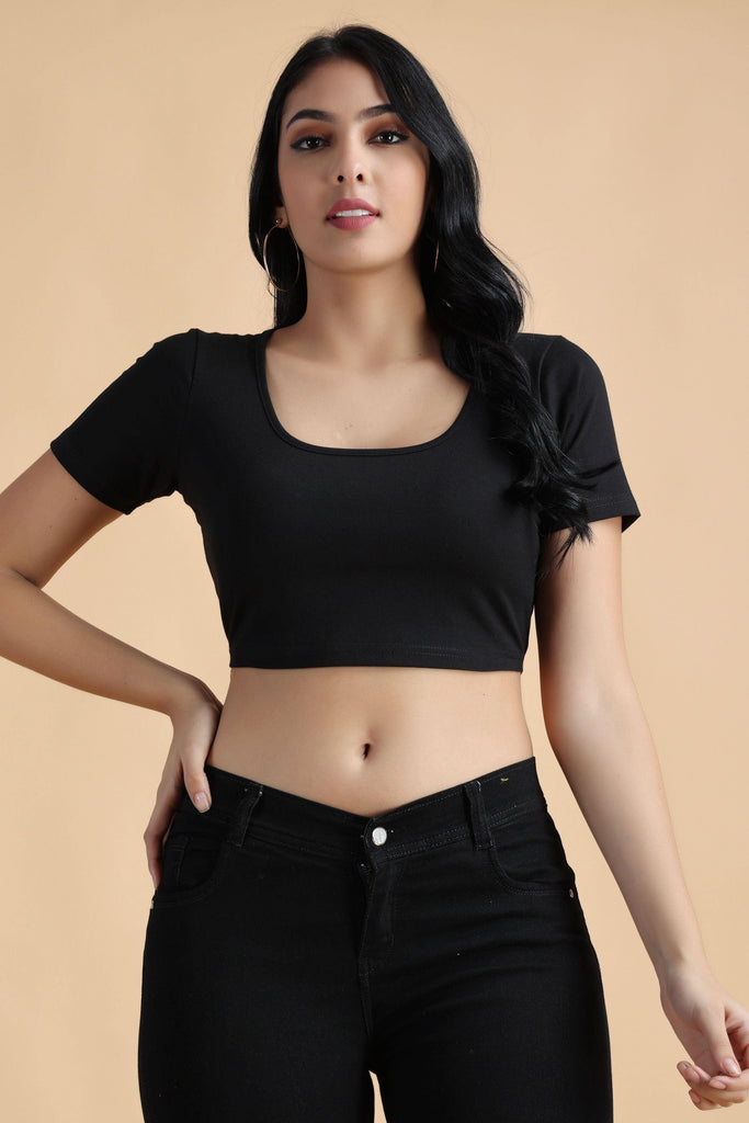 Model wearing Cotton Crop Top with Pattern type: Solid-44
