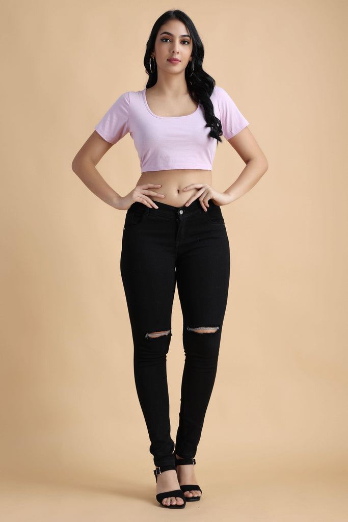 Model wearing Cotton Crop Top with Pattern type: Solid-49