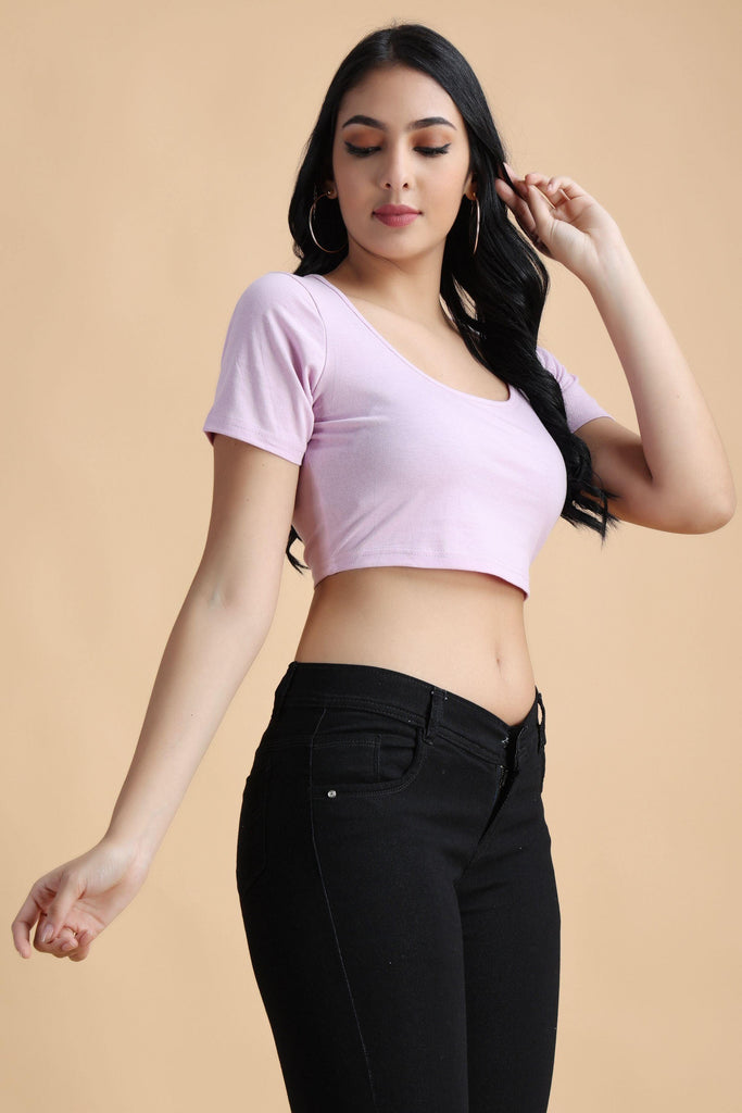 Model wearing Cotton Crop Top with Pattern type: Solid-52