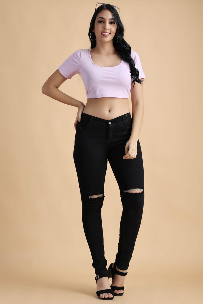 Model wearing Cotton Crop Top with Pattern type: Solid-55