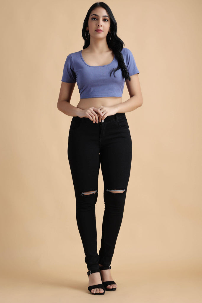 Model wearing Cotton Crop Top with Pattern type: Solid-56