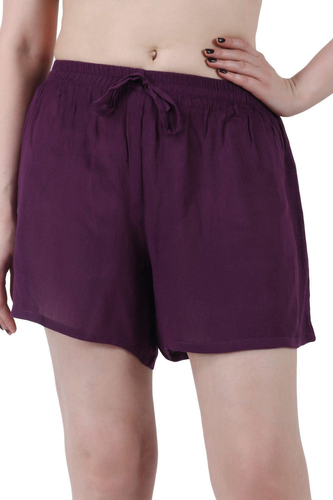 Model wearing Viscose Crepe Shorts with Pattern type: Solid-10