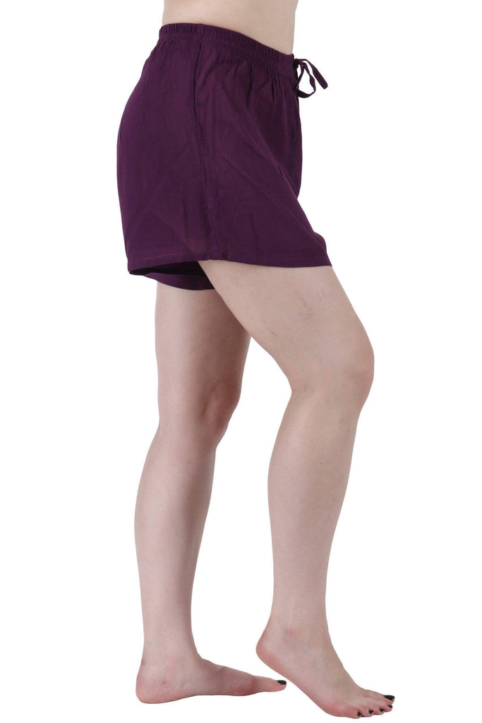 Model wearing Viscose Crepe Shorts with Pattern type: Solid-11