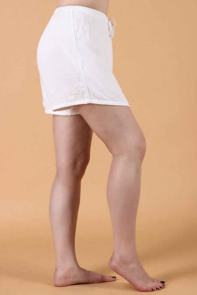 Model wearing Viscose Crepe Shorts with Pattern type: Solid-13