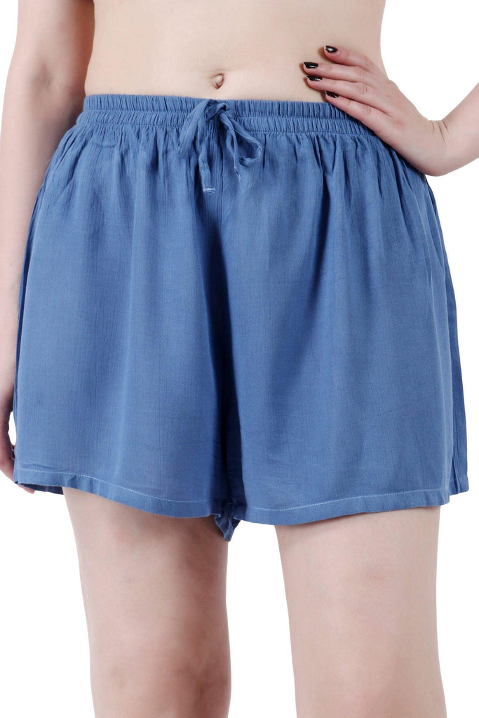 Model wearing Viscose Crepe Shorts with Pattern type: Solid-16