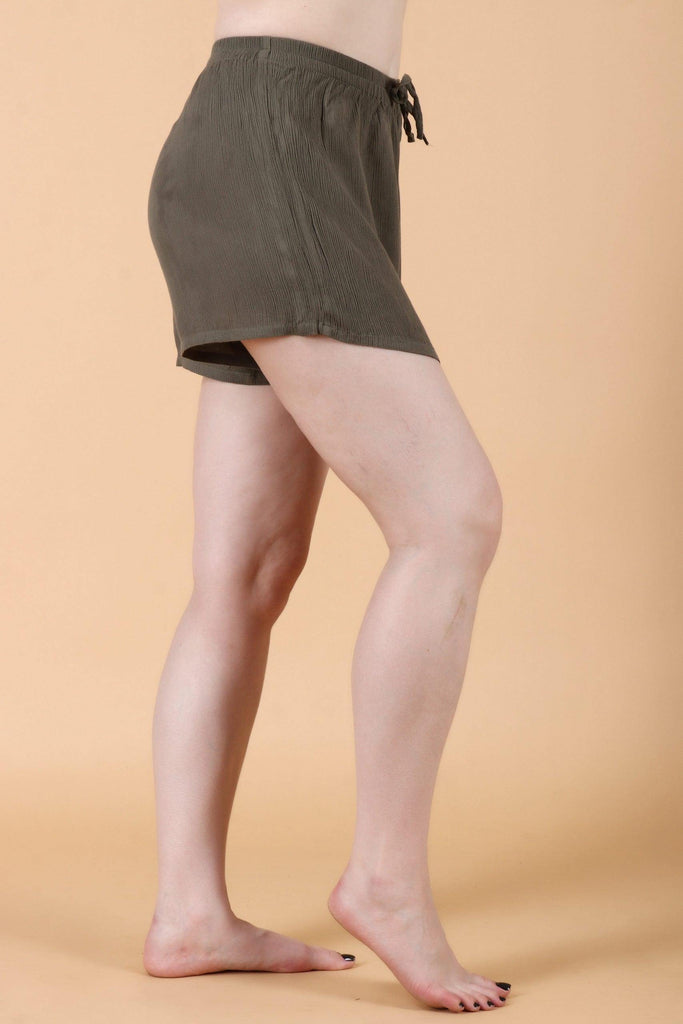 Model wearing Viscose Crepe Shorts with Pattern type: Solid-2