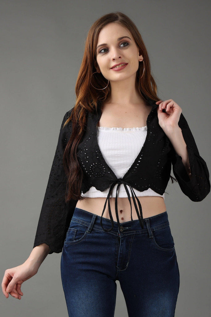 Model wearing Cotton Shrug with Pattern type: Solid-12