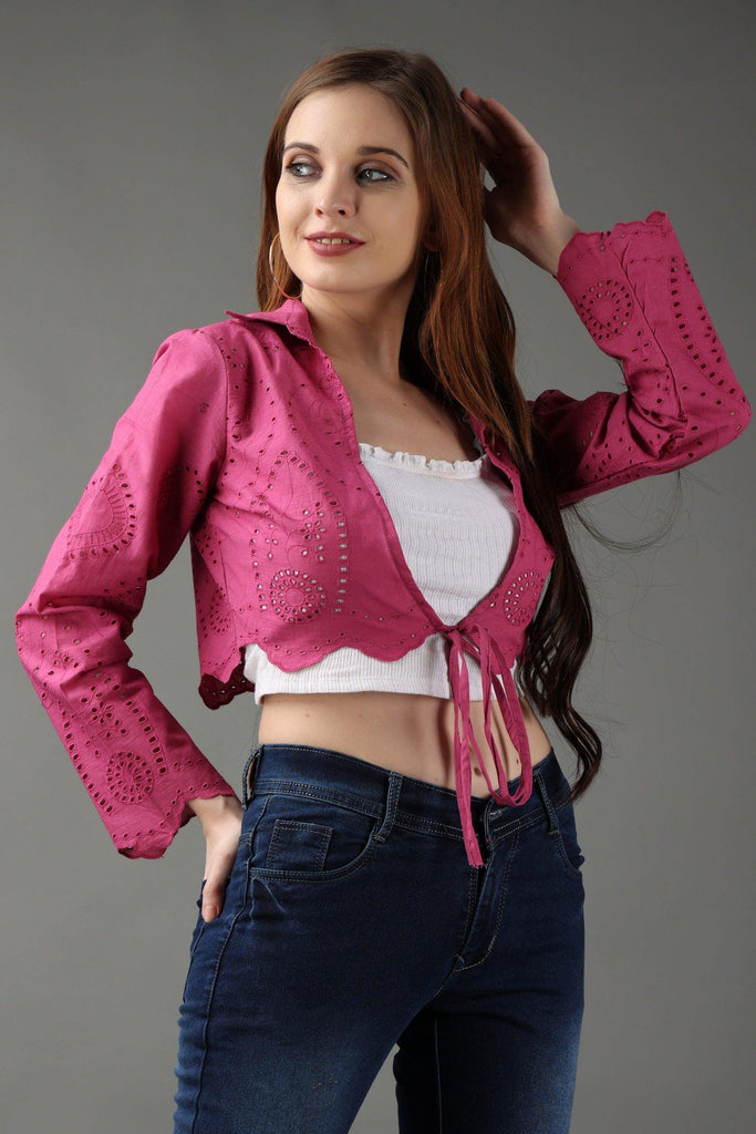 Model wearing Cotton Shrug with Pattern type: Solid-5