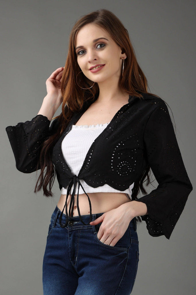 Model wearing Cotton Shrug with Pattern type: Solid-8