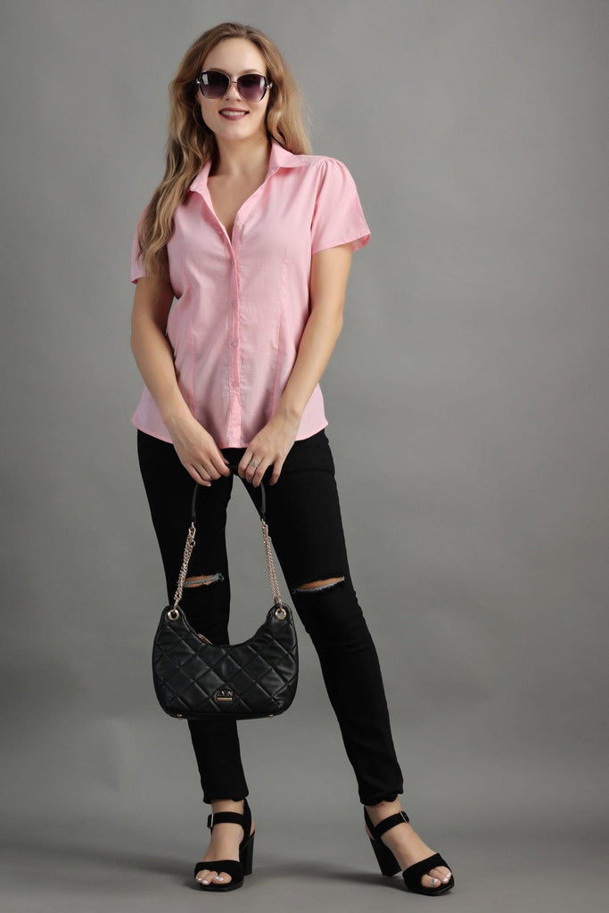 Model wearing Cotton Poplin Shirt with Pattern type: Solid-7