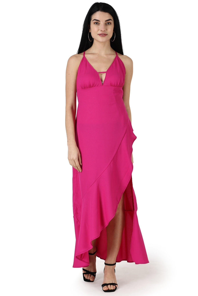 Model wearing Polyester Maxi Dress with Pattern type: Solid-3