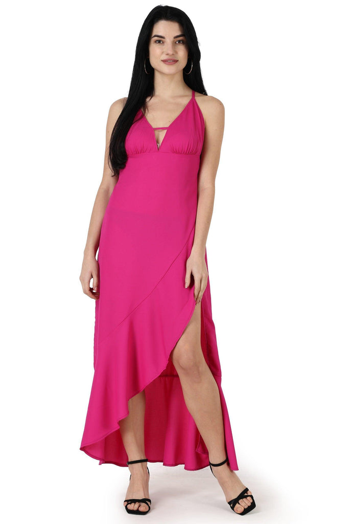 Model wearing Polyester Maxi Dress with Pattern type: Solid-6