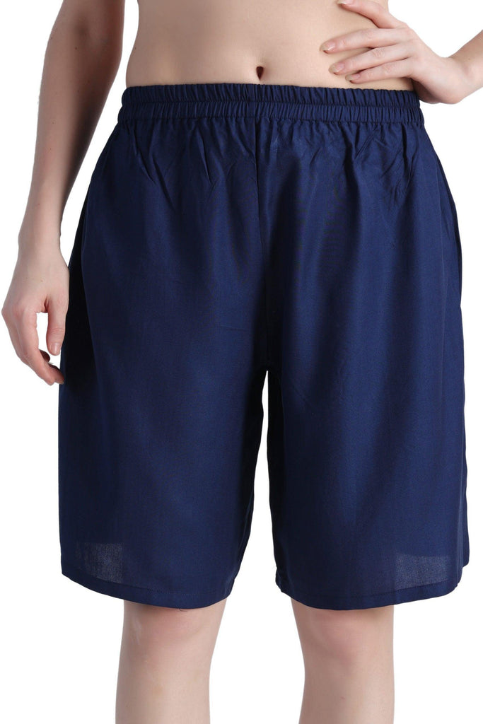 Model wearing Rayon Shorts with Pattern type: Solid-3