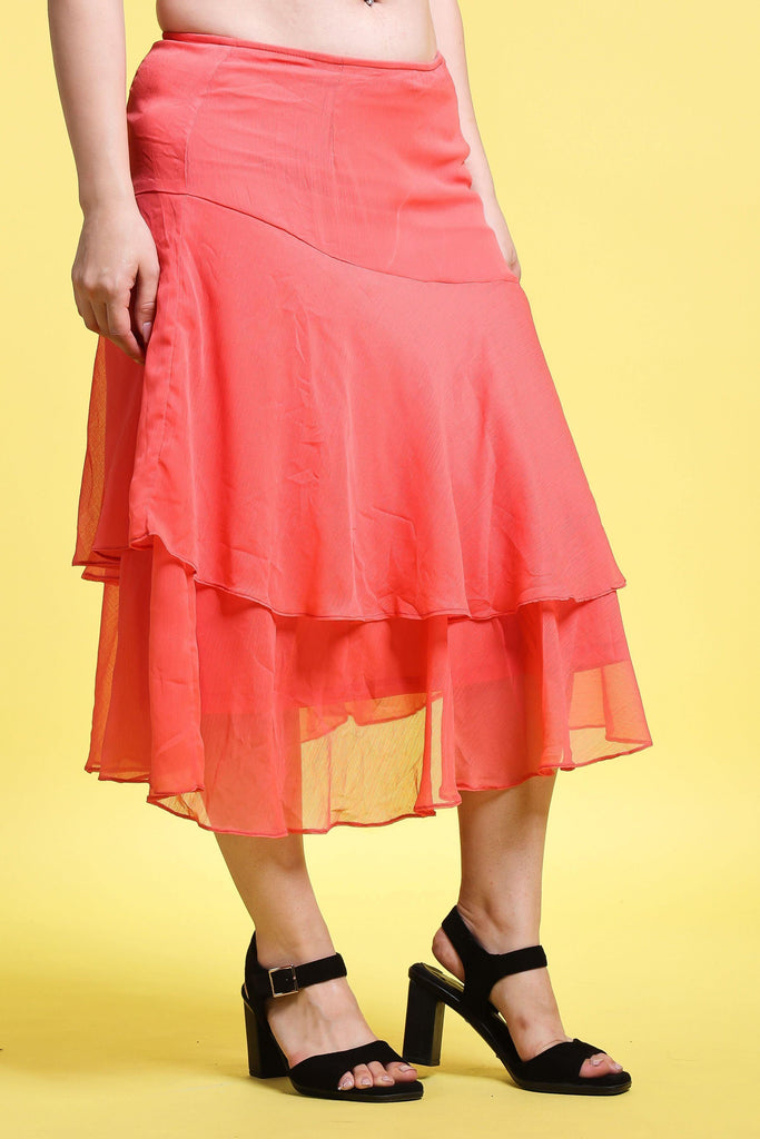 Model wearing Polyster Chiffon Midi Skirt with Pattern type: Solid-10