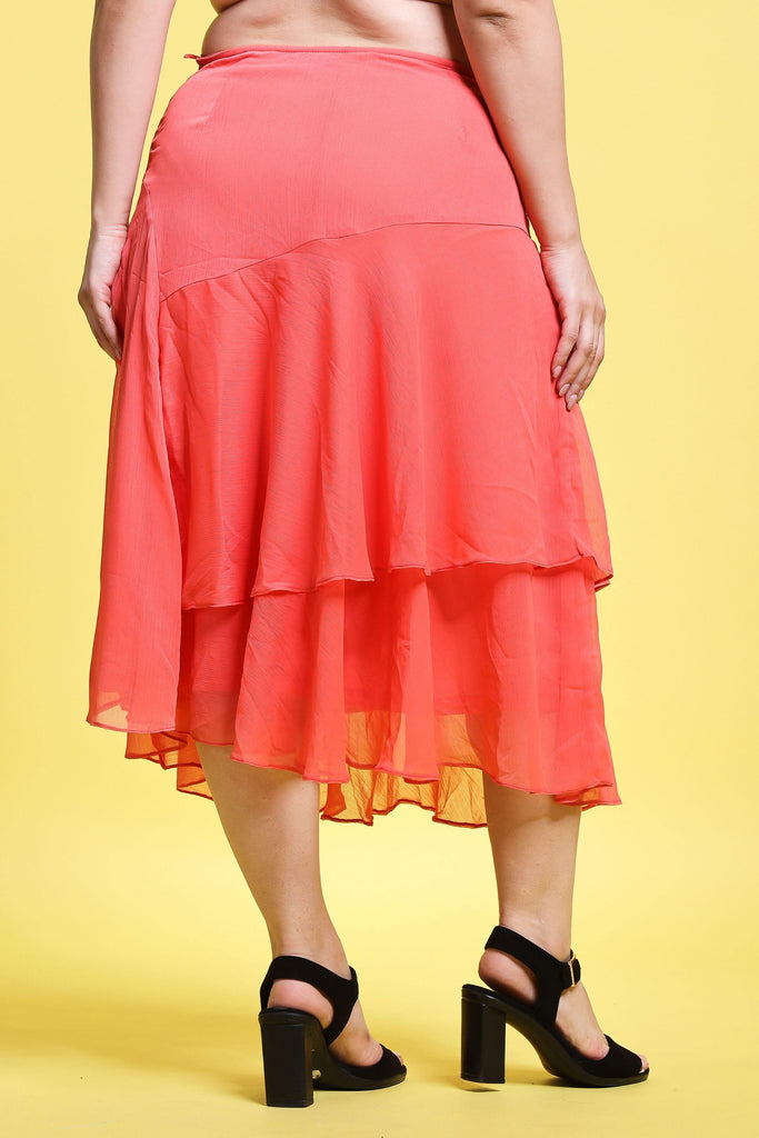 Model wearing Polyster Chiffon Midi Skirt with Pattern type: Solid-12