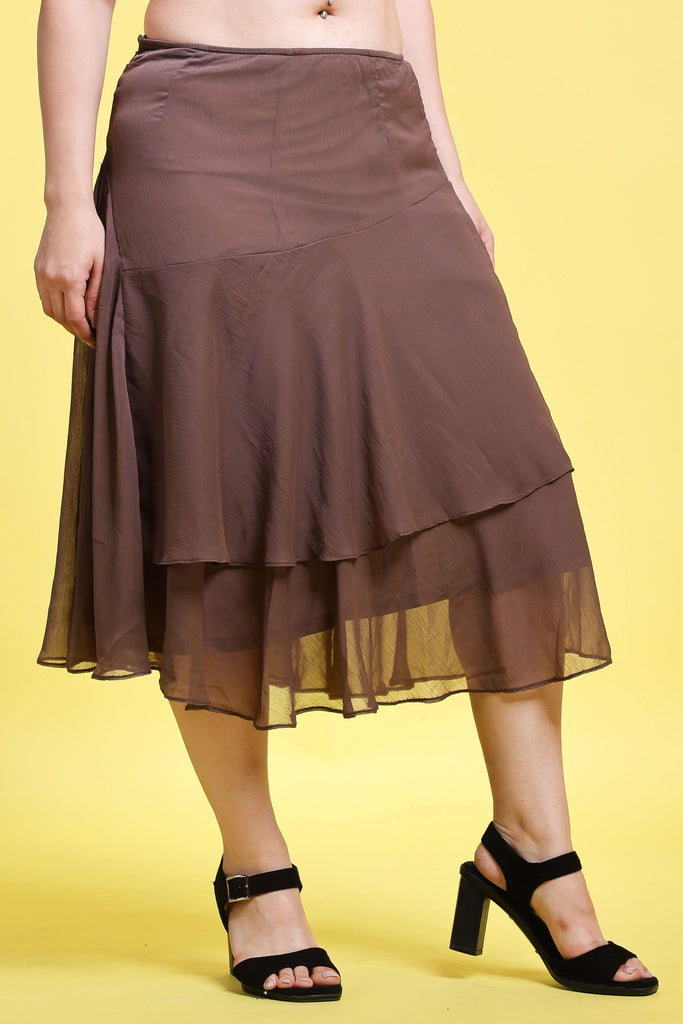 Model wearing Polyster Chiffon Midi Skirt with Pattern type: Solid-2