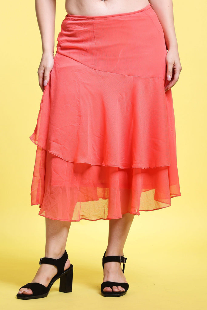Model wearing Polyster Chiffon Midi Skirt with Pattern type: Solid-9