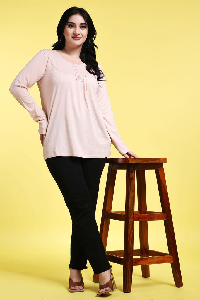 Model wearing Cotton Blended Long Top with Pattern type: Solid-1