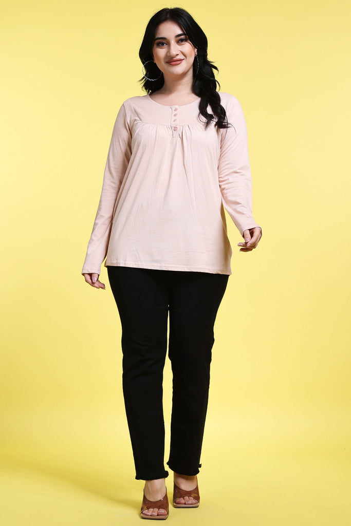 Model wearing Cotton Blended Long Top with Pattern type: Solid-2