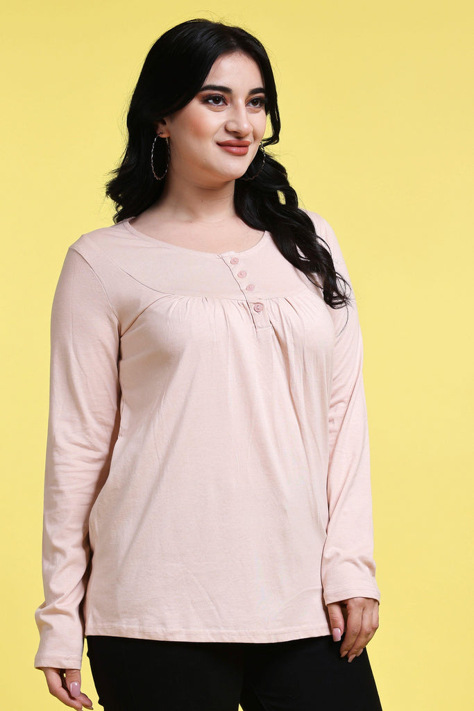 Model wearing Cotton Blended Long Top with Pattern type: Solid-4