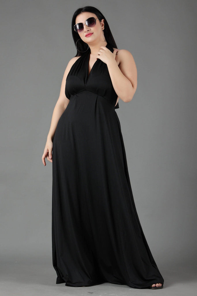 Model wearing Poly Lycra Maxi Dress with Pattern type: Solid-7