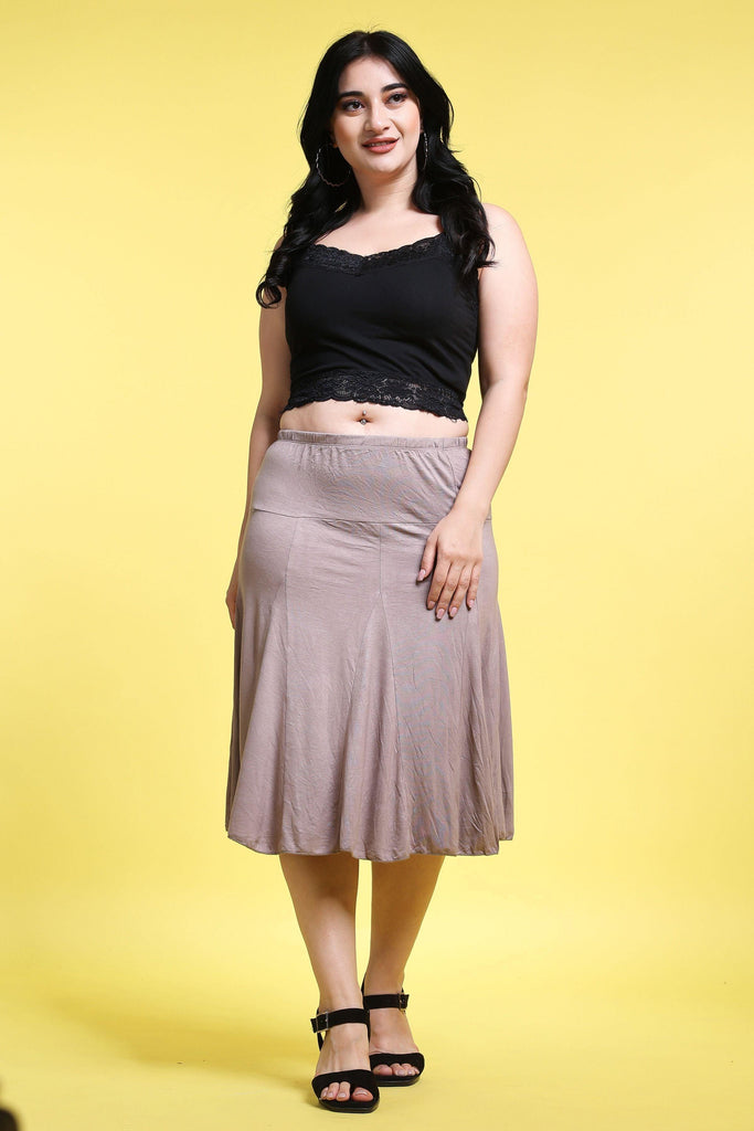 Model wearing Viscose Lycra Midi Skirt with Pattern type: Solid-7