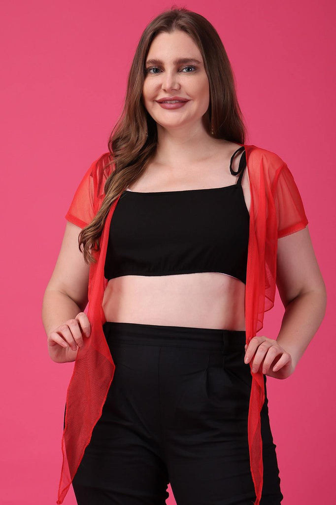 Model wearing Polyester Shrug with Pattern type: Solid-16