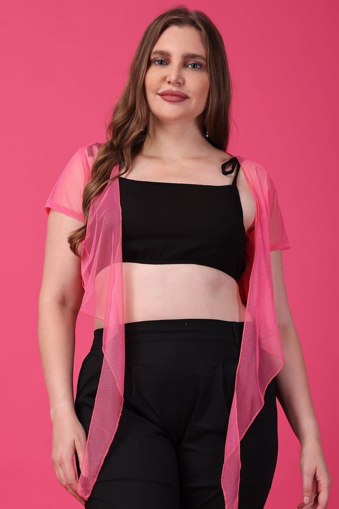 Model wearing Polyester Shrug with Pattern type: Solid-8