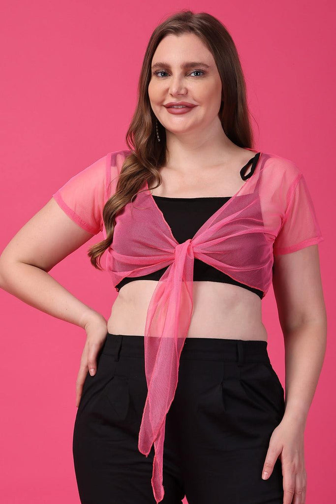 Model wearing Polyester Shrug with Pattern type: Solid-9