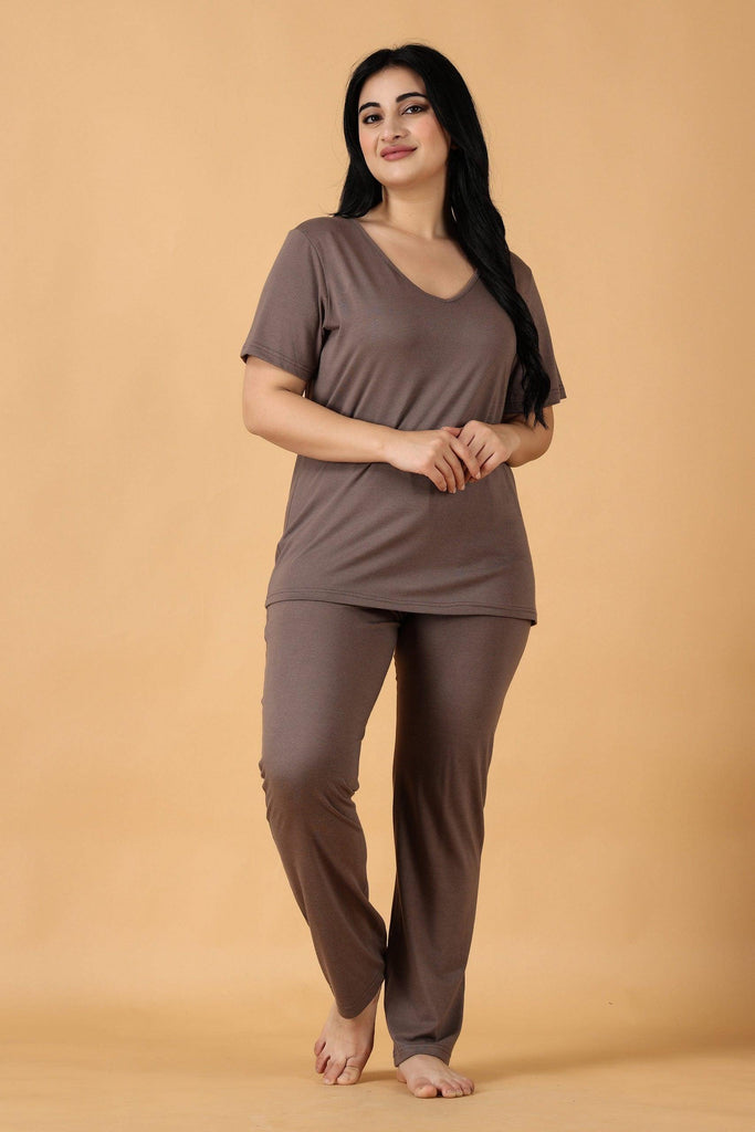 Model wearing Viscose Night Suit Set with Pattern type: Solid-5