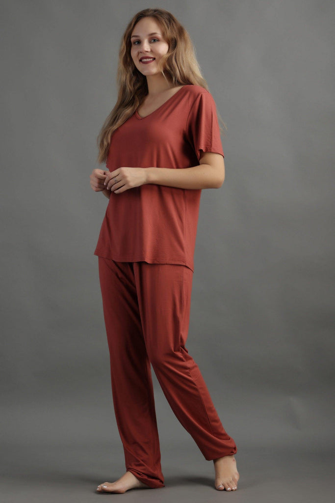 Model wearing Viscose Night Suit Set with Pattern type: Solid-5