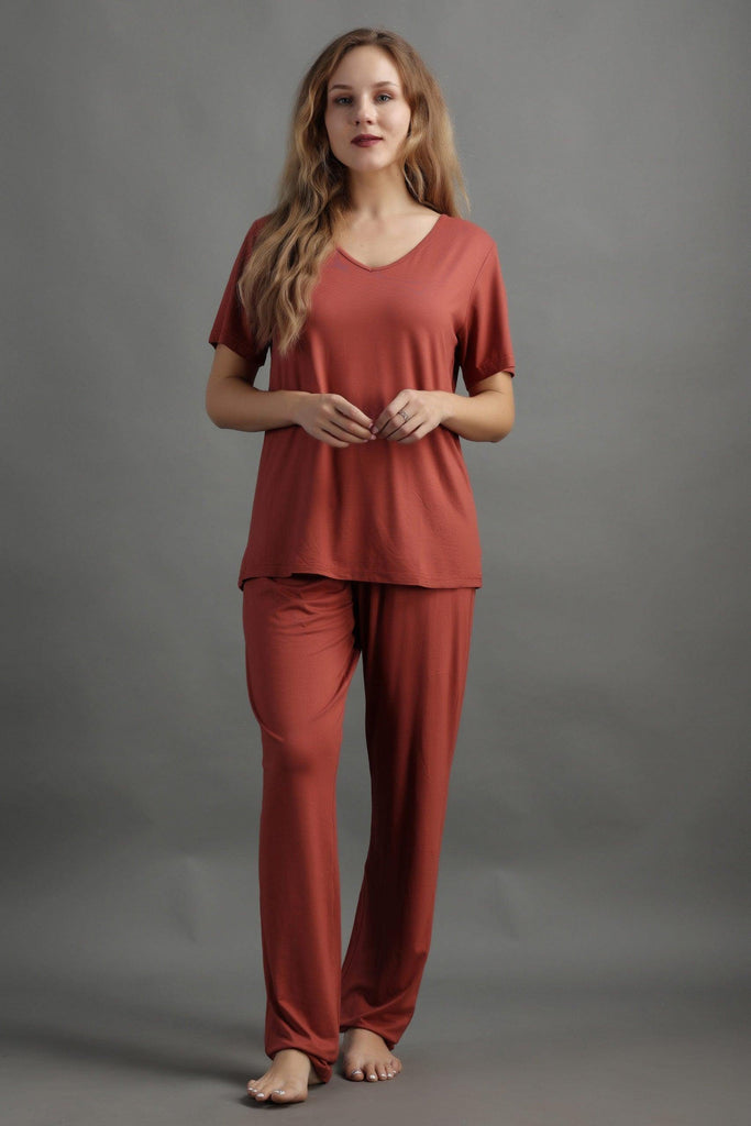 Model wearing Viscose Night Suit Set with Pattern type: Solid-6