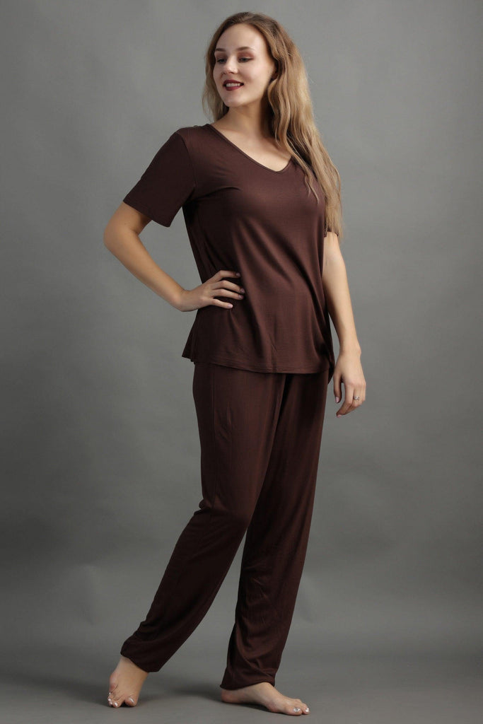 Model wearing Viscose Night Suit Set with Pattern type: Solid-4