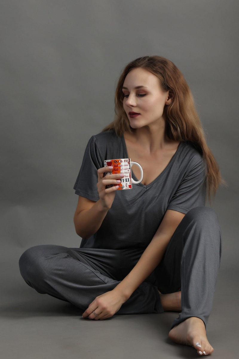 Comfortable V-Neck Pyjama Set with Slip-On Bottoms - Solid Print ...