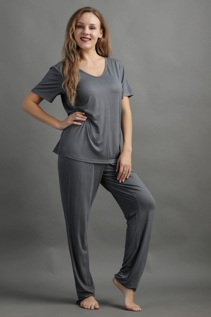 Model wearing Viscose Night Suit Set with Pattern type: Solid-3